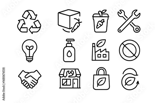 Circular Economy Icons. Outline icon set of circular economy design: recycle arrows, reused box, compost bin,