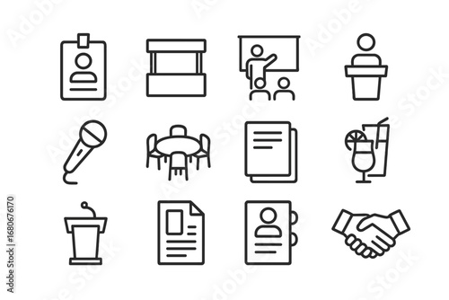 Event Networking Icons. Outline icon set of event networking: conference pass, booth stand, presentation stage