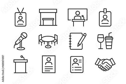 Event Networking Icons. Outline icon set of event networking: conference pass, booth stand, presentation stage