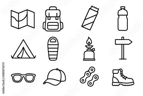 Cycling Trip Icons. Outline icon set of weekend cycling trip: folded map, backpack, snack bar, water bottle,