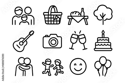 Family Reunion Icons. Outline icon set of family reunions: group of people, picnic basket, table with food,