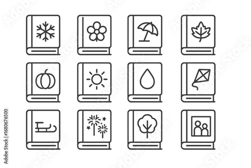 Seasonal Icon Grid. Outline icon set of seasonal photo albums: snowflake, spring flower, beach umbrella,