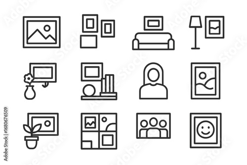 Home Icon Gallery Grid. Outline icon set of home photo galleries: framed images, wall, sofa, lamp, flower vase