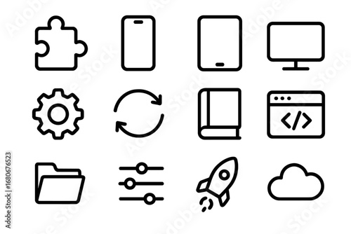 Cross-Platform Framework Icons. Outline icon set of cross-platform frameworks: puzzle piece, smartphone,