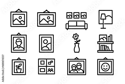 Home Icon Gallery Grid. Outline icon set of home photo galleries: framed images, wall, sofa, lamp, flower vase