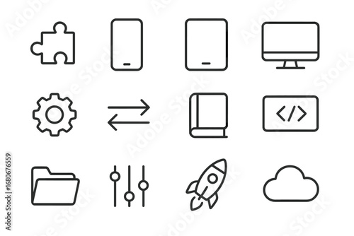 Cross-Platform Framework Icons. Outline icon set of cross-platform frameworks: puzzle piece, smartphone,