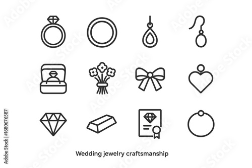 Wedding Jewelry Icons. Outline icon set of wedding jewelry craftsmanship: engagement ring, wedding band,