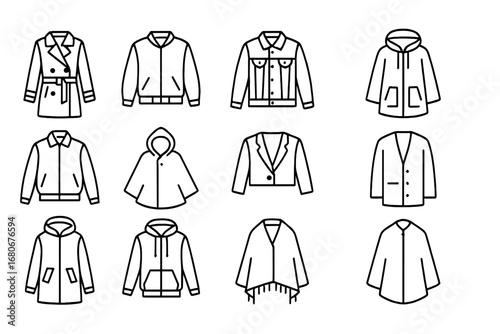 Outerwear Icon Set. Outline icon set of lightweight outerwear: trench coat, bomber jacket, denim jacket,