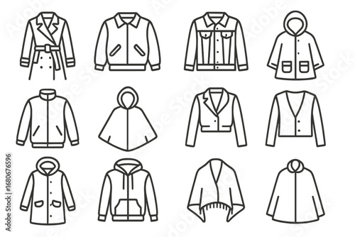 Outerwear Icon Set. Outline icon set of lightweight outerwear: trench coat, bomber jacket, denim jacket,