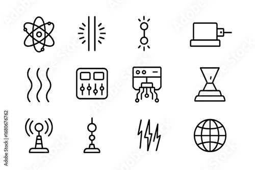Quantum Teleportation Icons. Outline icon set of quantum teleportation: atom model, photon beam, entangled