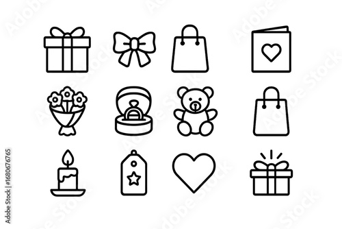 Gift Giving Icons. Outline icon set of gift giving traditions: wrapped box, ribbon bow, gift bag, greeting