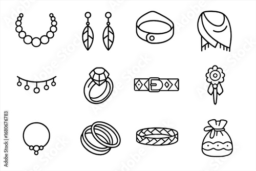 Ethnic Accessories Icons. Outline icon set of ethnic accessories: beaded necklace, feather earrings, leather