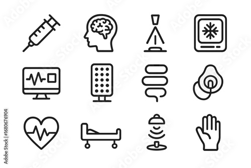 Futuristic Medical Icon Set. Outline icon set of future revival procedures: syringe icon, brain scan, energy