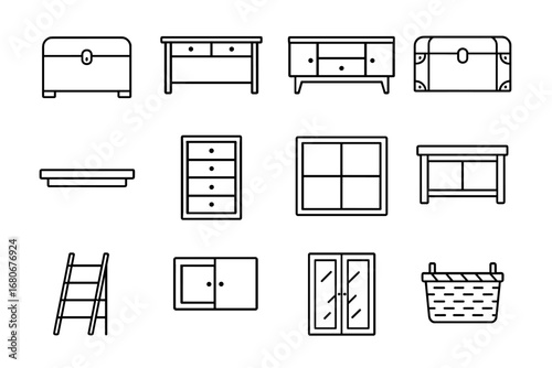 Furniture Icon Grid. Outline icon set of decorative storage furniture: chest, console, credenza, trunk,