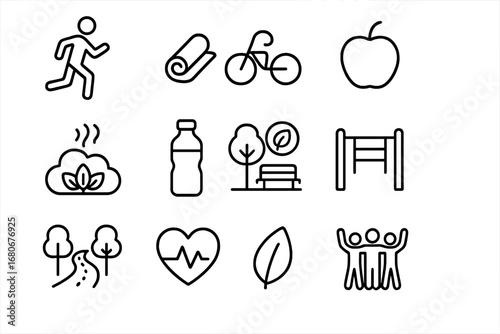 Healthy Lifestyle Icons. Outline icon set of healthy lifestyle in zero-emission zones: jogging person, yoga