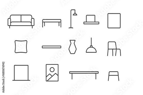 Minimalist Interior Icons. Outline icon set of minimalist interior design: sleek sofa, low table, thin floor
