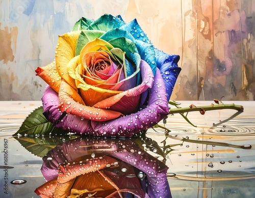 A vibrant rainbow rose, glistening with water droplets, beautifully reflected in the still water below, showcasing a stunning display of color and light.