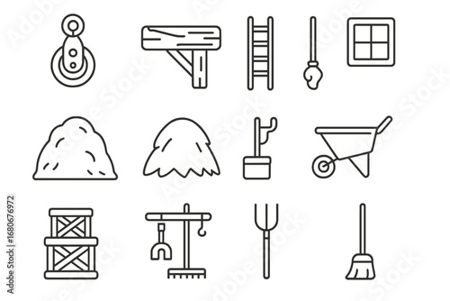 Barn Loft Icons. Outline icon set of barn loft details: rope pulley, wooden beam, ladder, hay pile, small
