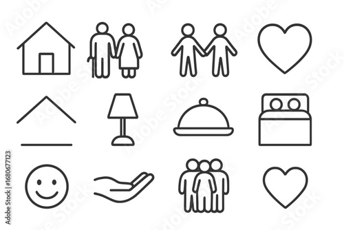 Elderly Care Icons. Outline icon set of family unity in elderly care: house, family figures, holding hands,