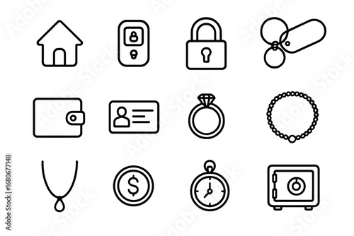 Icons of Lost Valuables. Outline icon set of common lost keys and valuables: house key, car key, padlock,