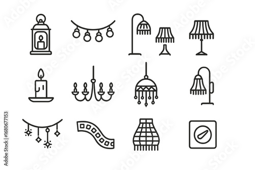 Bohemian Lighting Icons. Outline icon set of bohemian-style lighting: lantern, string lights, floor lamp,