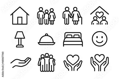 Elderly Care Icons. Outline icon set of family unity in elderly care: house, family figures, holding hands,