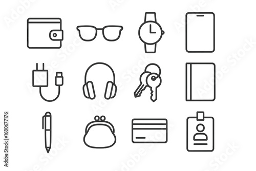 Icon Set Essentials. Outline icon set of everyday essentials that go missing: wallet, glasses, watch, phone,