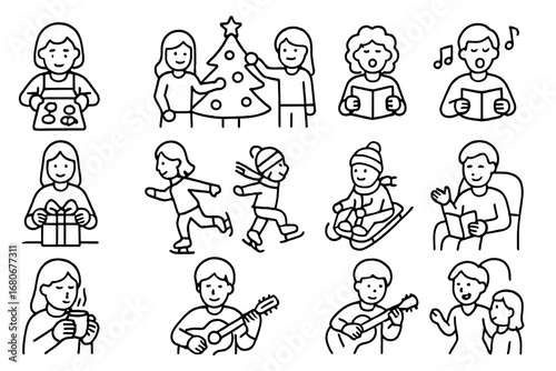Holiday Activity Icons. Outline icon set of joyful holiday activities: baking cookies, decorating tree,