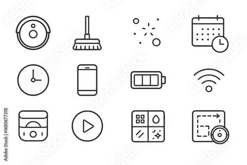 Automated Cleaning Icons. Outline icon set of automated floor cleaning: vacuum cleaner, mop head, dust