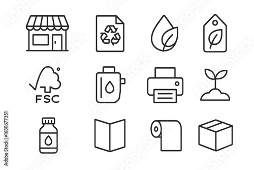 Eco Print Shop Icons. Outline icon set of environmentally safe print shops: storefront, recycled paper, soy