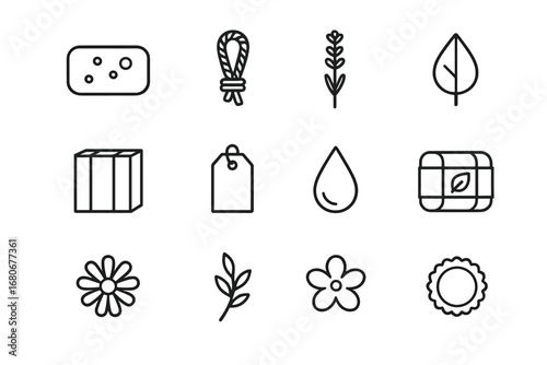 Handmade Soap Icons. Outline icon set of handmade soap packaging: soap bar, rope, lavender flower, leaf, box,