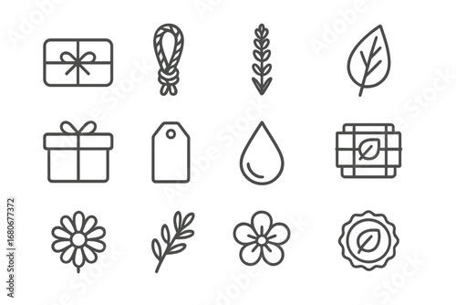 Handmade Soap Icons. Outline icon set of handmade soap packaging: soap bar, rope, lavender flower, leaf, box,