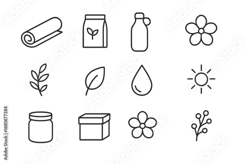 Wellness Icons Grid. Outline icon set of wellness product packaging: yoga mat, herbal tea, eco bottle, flower,