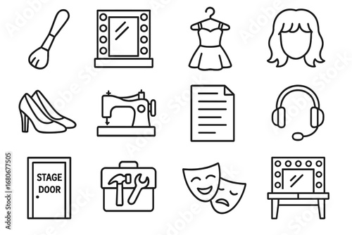 Theater Life Icons. Outline icon set of backstage theater life: makeup brush, mirror with lights, costume