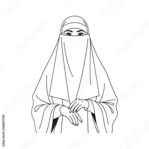 Line art drawing of muslim woman in niqab symbolizing modest wear culture religion and tradition