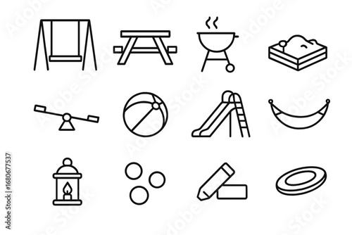 Backyard Fun Icons. Outline icon set of backyard family time: swing, picnic table, grill, sandbox, seesaw,