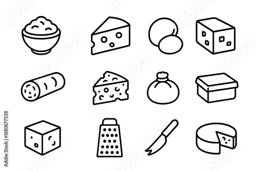 Cheese Icon Set. Outline icon set of cheese varieties for ravioli: ricotta bowl, parmesan wedge, mozzarella
