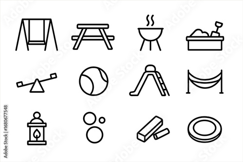 Backyard Fun Icons. Outline icon set of backyard family time: swing, picnic table, grill, sandbox, seesaw,