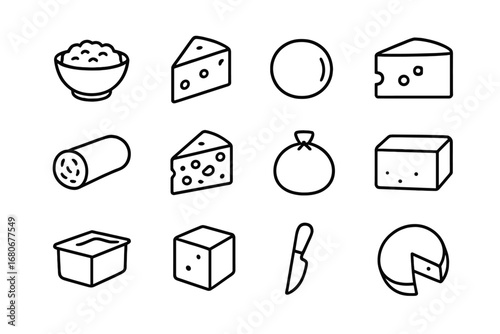 Cheese Icon Set. Outline icon set of cheese varieties for ravioli: ricotta bowl, parmesan wedge, mozzarella