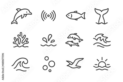 Dolphin Communication Icons. Outline icon set of dolphin pod communication: leaping dolphin, sonar wave, fish,
