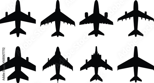 "Black silhouettes of various airplane models from top view, including commercial jets, military planes, and aircraft in vector style."