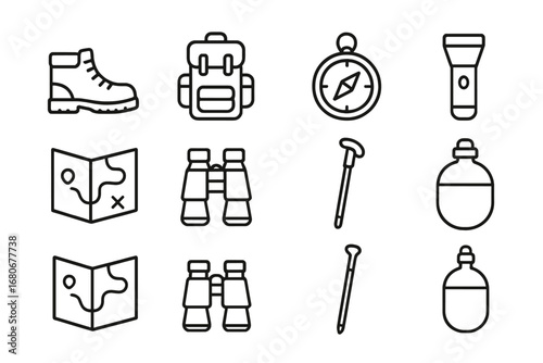 Outdoor Adventure Icons. Outline icon set of outdoor adventure: hiking boots, backpack, compass, flashlight,