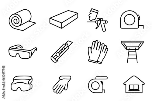 Roof Insulation Icons. Outline icon set of roof insulation upgrade: insulation roll, foam board, spray foam