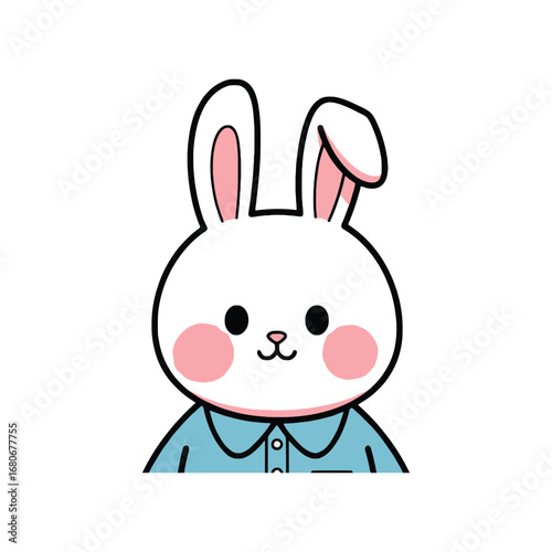 Cute bunny illustration with blushing cheeks in baby blue top