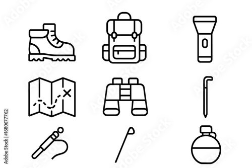 Outdoor Adventure Icons. Outline icon set of outdoor adventure: hiking boots, backpack, compass, flashlight,