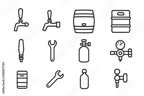 Beer Equipment Icons. Outline icon set of beer taps and kegs: draft tap, beer faucet, keg barrel, mini keg,