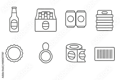 Beer Packaging Icons. Outline icon set of beer packaging: labeled bottle, cardboard box, can holder, keg crate