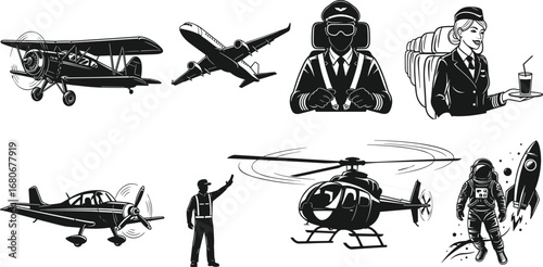Aviation and space silhouettes, pilot and flight attendant, propeller plane, commercial airplane, helicopter, astronaut with rocket, air traffic control