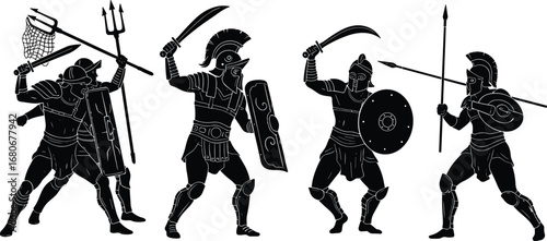 Ancient Roman gladiators, warriors in armor, holding swords, shields, spears, tridents, historic battle scene, combat, silhouette, ancient fighting, arena fight