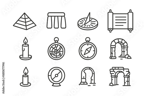 Ancient Landmark Icon Set. Outline icon set of ancient time travel: pyramid, stone circle, ancient sundial,